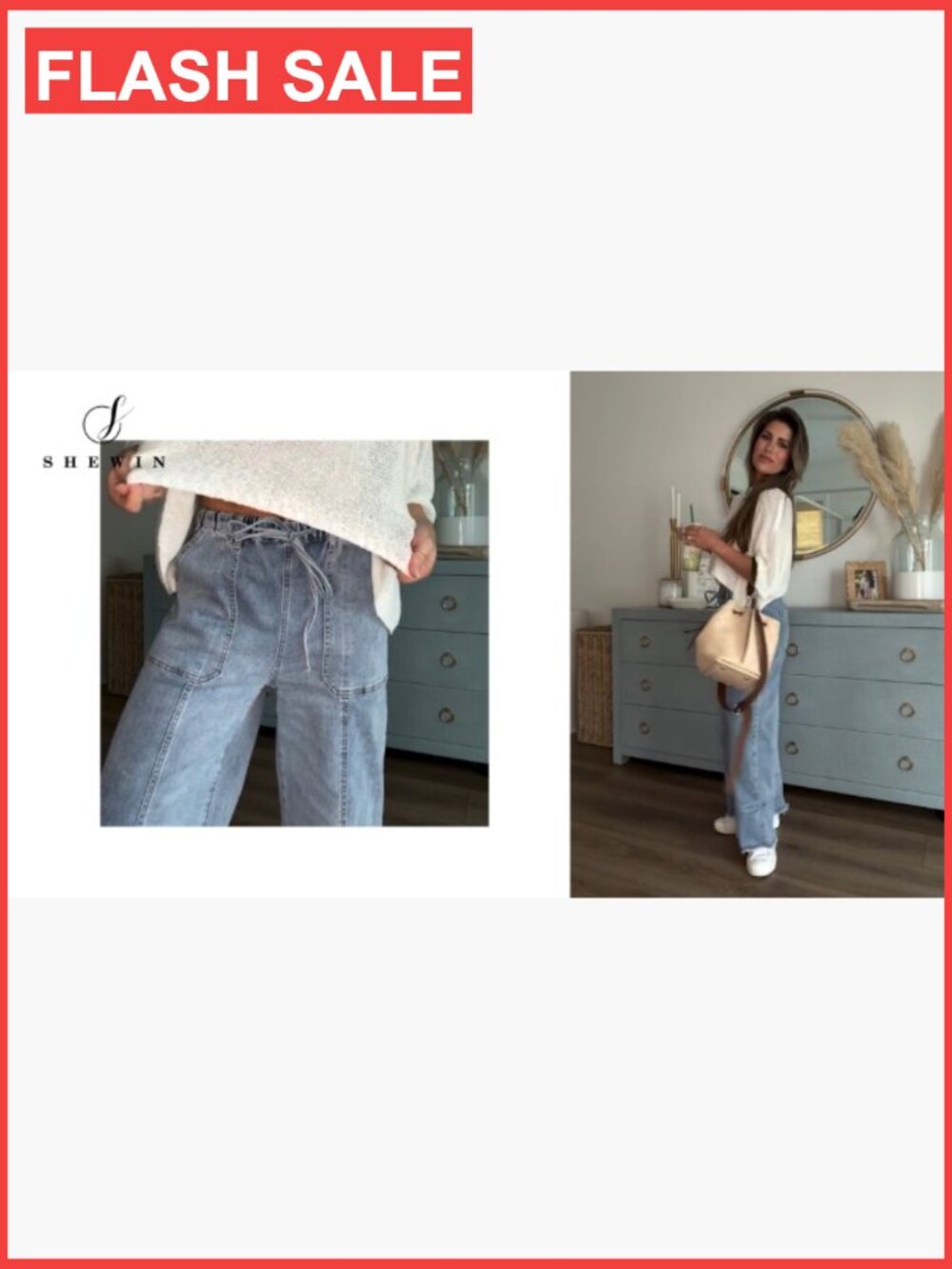 Wide Leg Baggy Jeans High Waisted Stretchy Drawstring Denim Pants - Picture 7 of 7